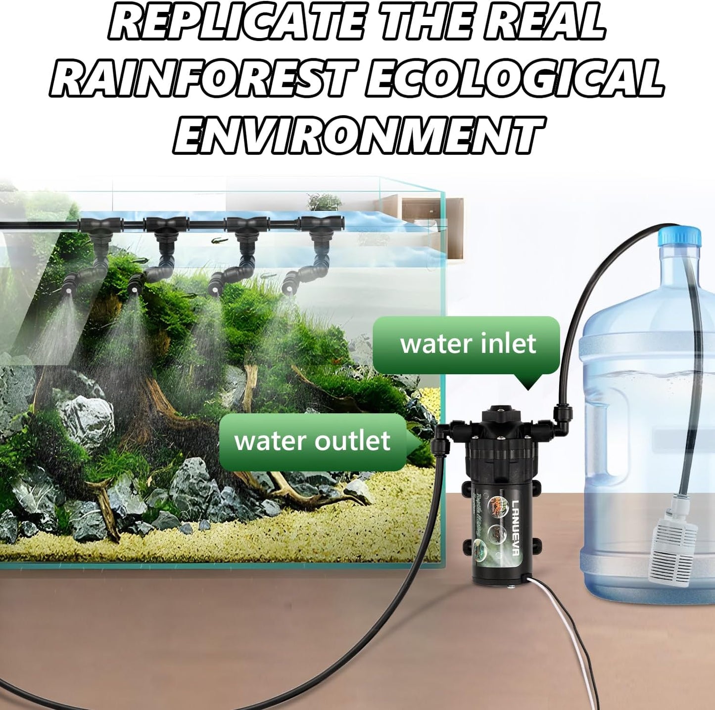 LANUEVA Reptile Humidifier, Quieter Mister Fogger for Terrarium with 4 Single Misting Nozzle + 2 Double Misting Nozzle, Automatic Spray System for Chameleon, Lizard, Snake, Frog (Pump without Timer)