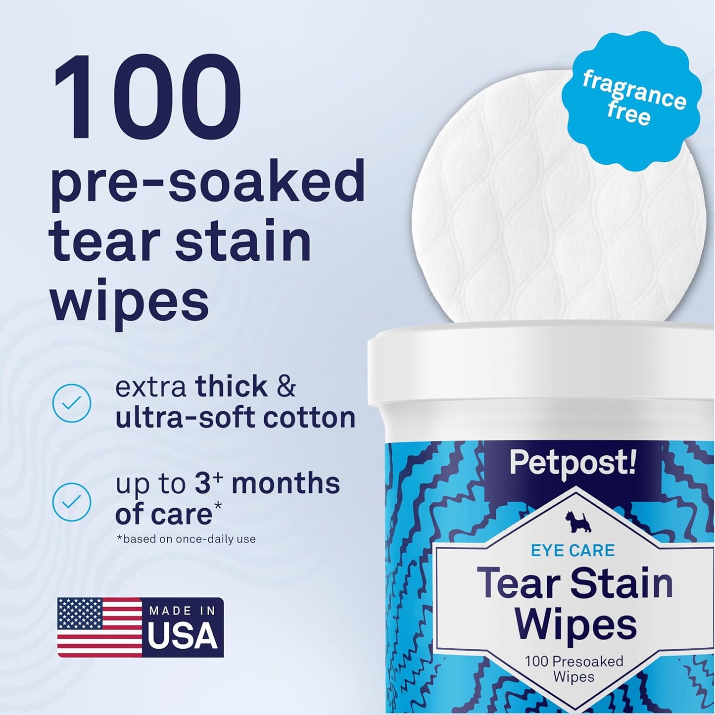 Petpost Tear Stain Remover Wipes for Dogs | 100 Count Gentle Eye Wipes with Juniper Berry & Coconut | Dog Face Wipes for Tear Stains & Eye Discharge | Soft Cotton Pads, Bleach Free