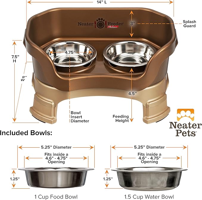 Neater Feeder Deluxe Mess Proof Cat Bowls Elevated for All Breeds – Made in USA – No Spill Raised Cat Bowls for Indoor Cats w/Leg Extensions – Stainless Steel Cat Food and Water Bowl Set - Bronze