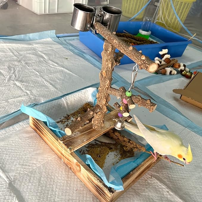 Natural Wood Bird Toys Playground, Bird Cage Accessories, Bird Perches, with Removable Tray and 2 Stainless Steel Cups