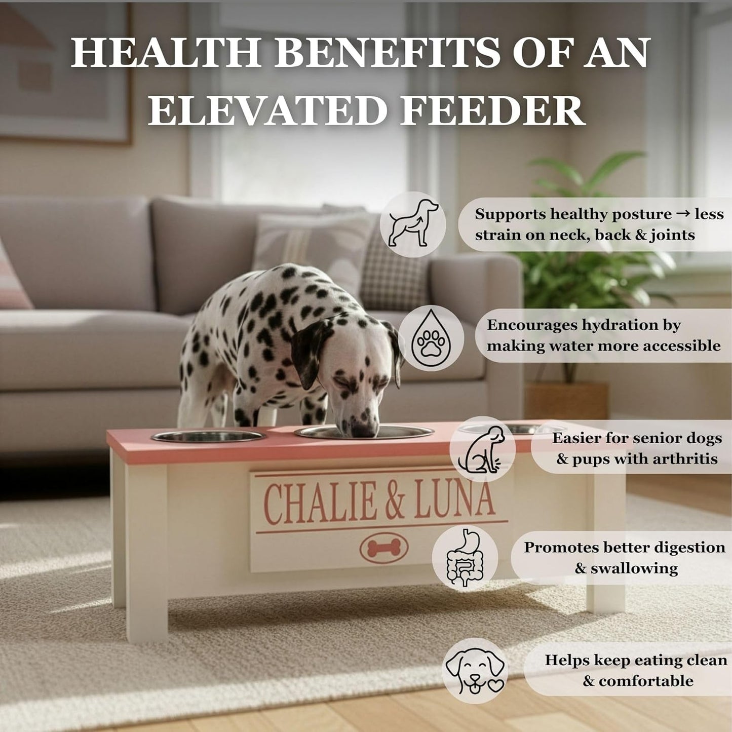 GrooveThis Woodshop - Personalized Elevated Triple Dog Bowl Stand for Large, Medium, Small, X-Small Dogs - 3 Stainless Steel Food and Water Bowls - Raised Dog Dish with Internal Storage (Small, Grey)