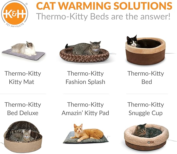 K&H Pet Products Thermo-Kitty Bed Heated Cat Beds for Indoor Cats & Dogs, Calming Warming Pillow Pet Bed, Machine Washable, Removable Heater, Safety Listed - Small 16" Round Mocha/Tan