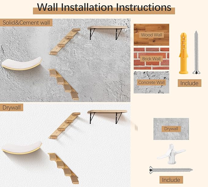 4-Piece Cats Wall Furniture with Cat Window Perch – Wood Wall Mounted Cat Shelves Set with Foam-Padded Curved Bed, Flat Perch & 4-Step Cats Stairs