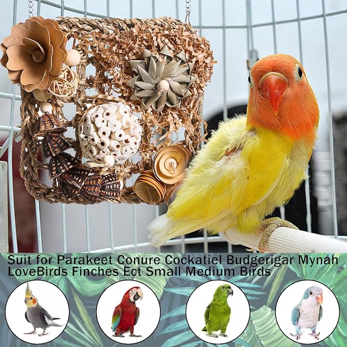 Bird Foraging Wall Toy, Seagrass Woven Climbing Hammock Mat with Chewing Toys,Parrot Shredding Hanging Toys for Cockatiel Lovebird Parakeet Budgie Small-Medium Birds (Small)