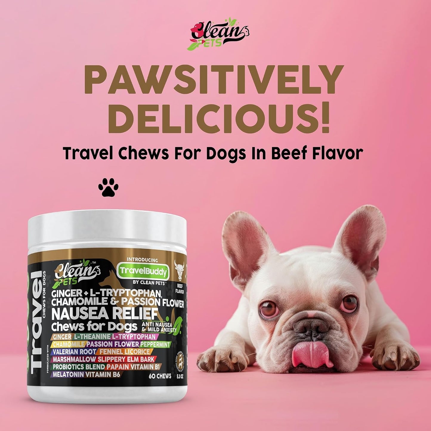 Travel Chews Nausea Relief for Dogs | Ginger L-Tryptophan Chamomile Passion Flower L-Theanine Peppermint Valerian Root Fennel Licorice Root Marshmallow Root Slippery Elm Melatonin Chew