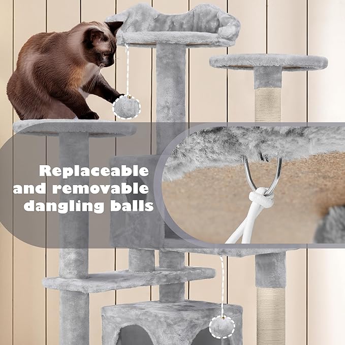 Yaheetech 54in Cat Tree Cat Tower w/Scratching Posts, Double Condos and Dangling Balls Kittens Pet House Play, Light Gray