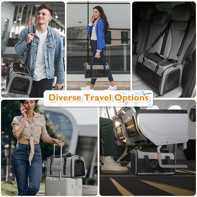 PETUX TSA Approved Pet Carrier in Cabin, 17"x11"x9.5" Soft Cat Carriers for Small Cat up to 12 lb, Top-Open Portable and Breathable Pet Carrier Airline Approved for Travel and Vet Visit, Grey