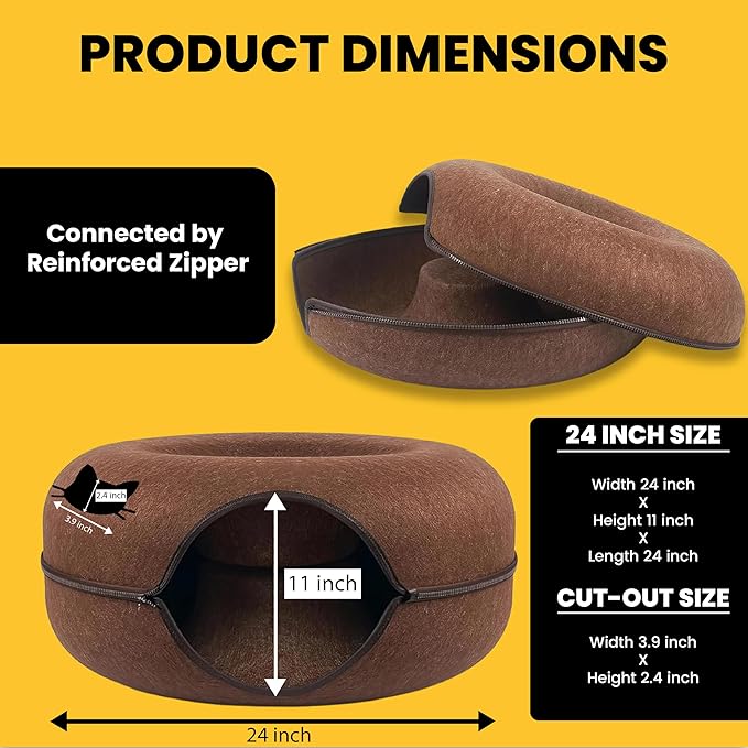 Laluz 2021 Large Cat Tunnel Bed for Indoor Cats Up to 30 Lbs Peekaboo Donut Cave with Catnip and Plush Toys Scratch Resistant Felt Design Detachable and Washable Cat Tunnel (Chocolate)