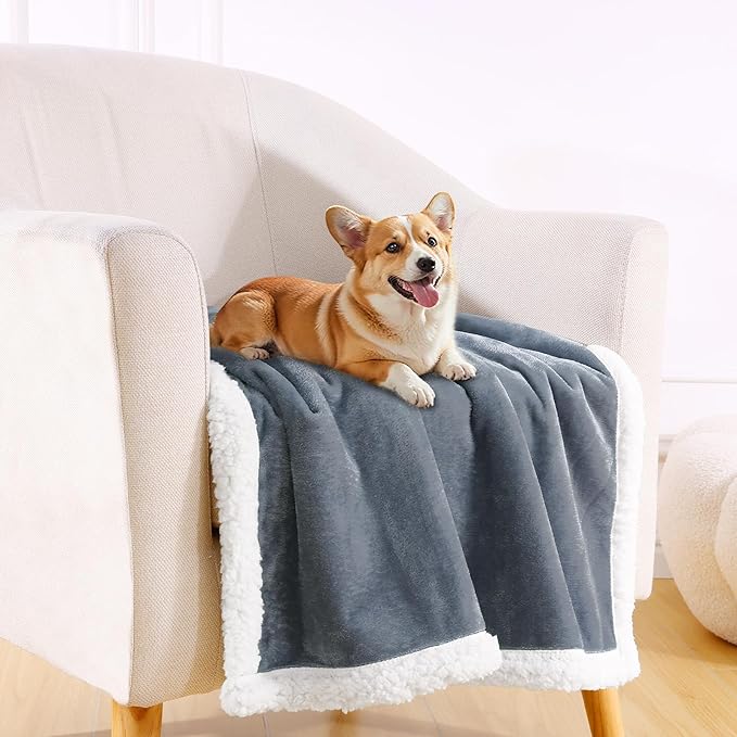 Smiry Waterproof Blanket Throw for Large Dogs, Soft Reversible Dog Blanket for Sofa Couch Bed, Washable Leakproof Sherpa Fleece Furniture Couch Cover Protector(60"x80", Grey/White)