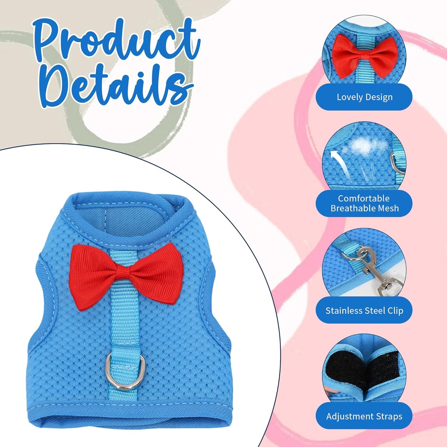 AIITLE Bunny Harness and Leash Set with Cute Bow, Soft Breathable Mesh Vest Harness for Rabbits Kitten Ferret Small Pig Puppy Walking Supplies Blue M