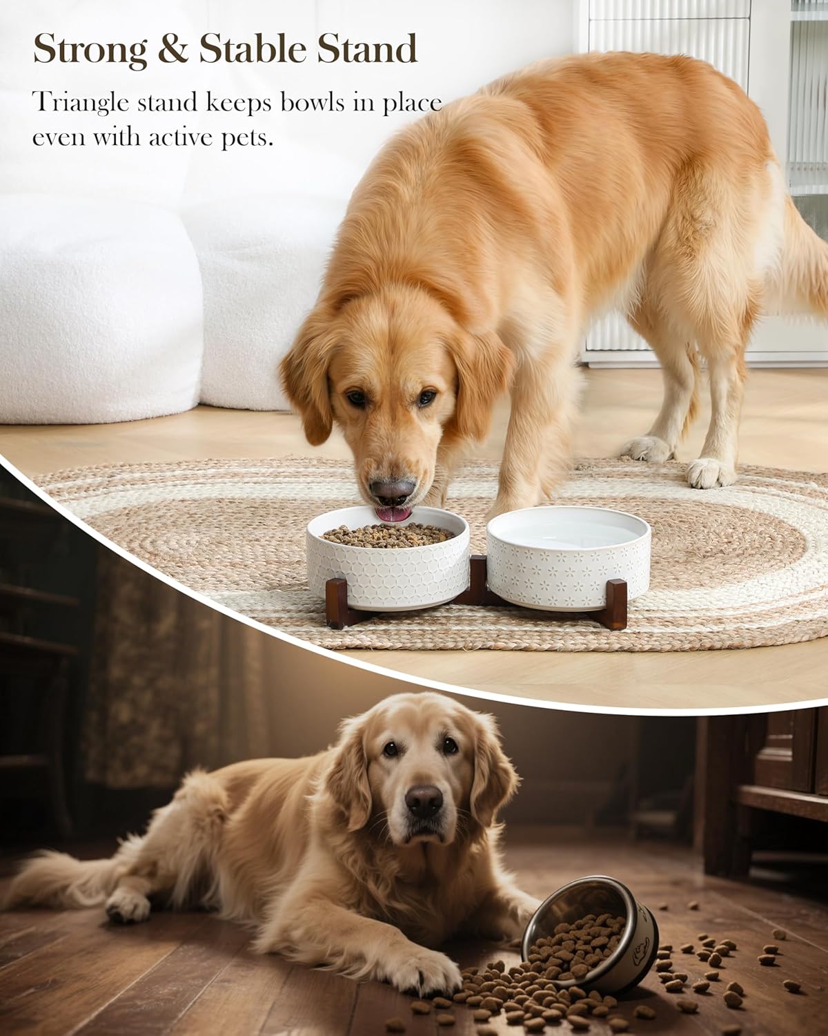 MALACASA Dog Bowl Set with Walnut Wood Stand, 6 Cups Ceramic Pet Bowls for Puppy Dogs, Dual Food and Water Bowls with Non-Slip Base, Basic Bowls for Your Dog, Five-Leaf Grass & Honeycomb