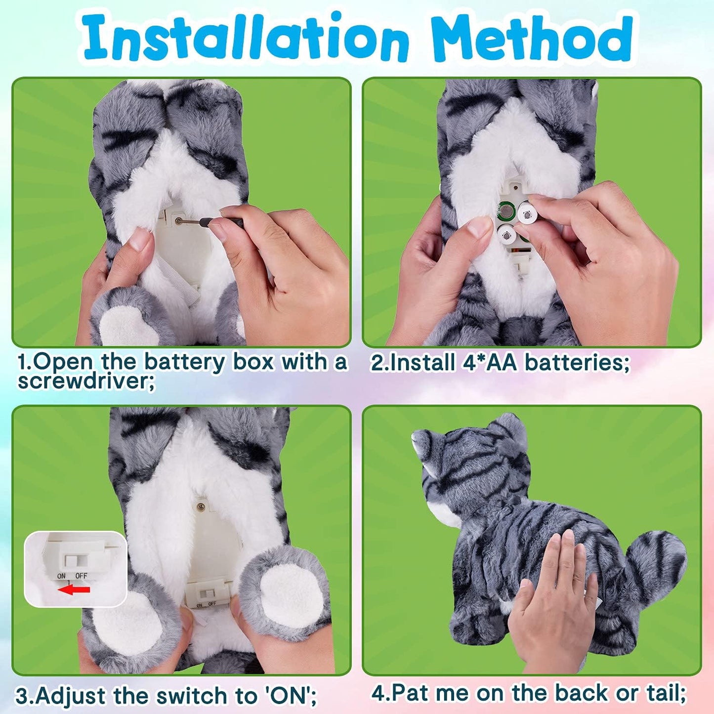 Pattern Gray Robotic Cat Toy for Kid That Move and Meow Purrs Touch Control Kitten Toys Animated Realistic Kitty Toys Kitten Robot Toy for Halloween Birthday H:12"