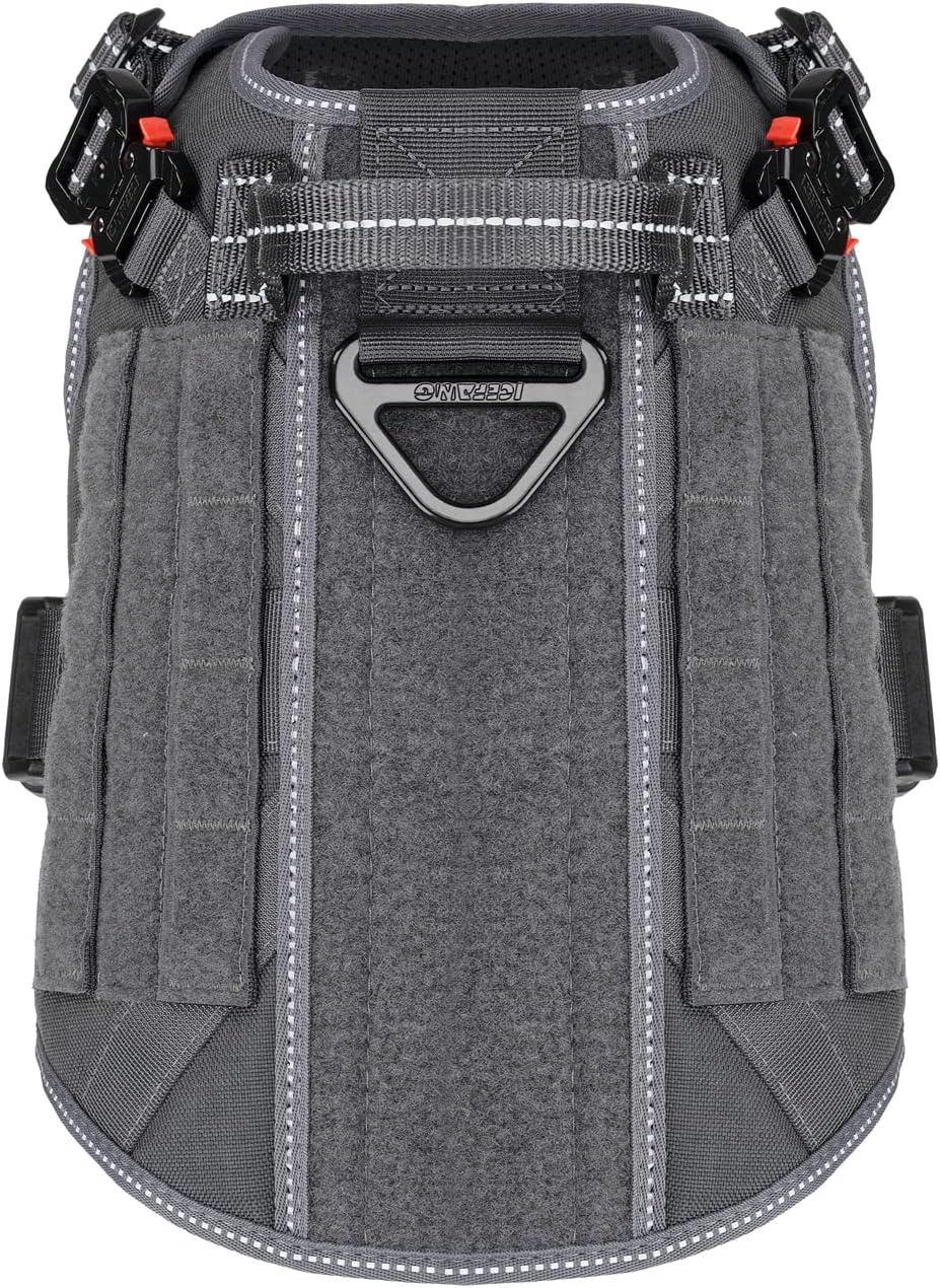 ICEFANG Tactical Dog Harness, Medium Size,2X Metal Buckle,Working Dog MOLLE Vest with Handle,No Pulling Front Leash Clip,Hook and Loop Panel (Grey,M (Pack of 1))