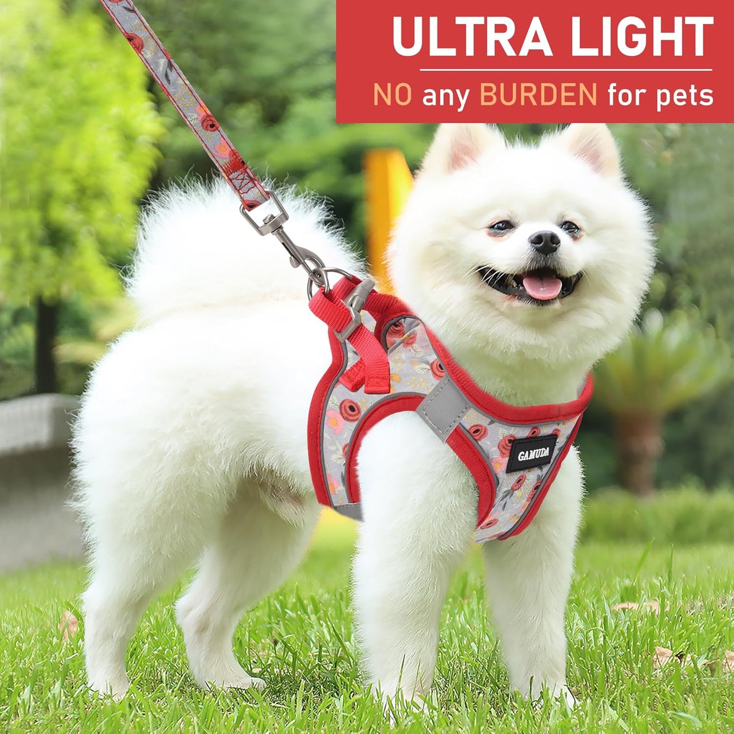 GAMUDA Small Dog Harness Collar and Leash Set, Step in No Chock No Pull Soft Mesh Adjustable Dog Vest Harnesses Plaid Reflective for Dogs Puppy Cats Kitten Rabbit (Red Flower, XS)