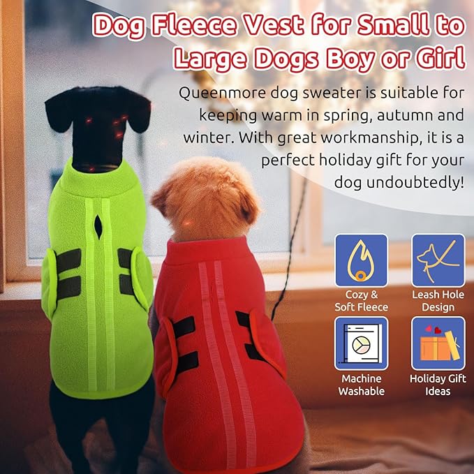 Queenmore Soft Fleece Dog Jacket, Warm Winter Dog Clothes with Leash Hole, Dachshund Sweater for Small Dogs Cats Boy or Girl (Red, XS)