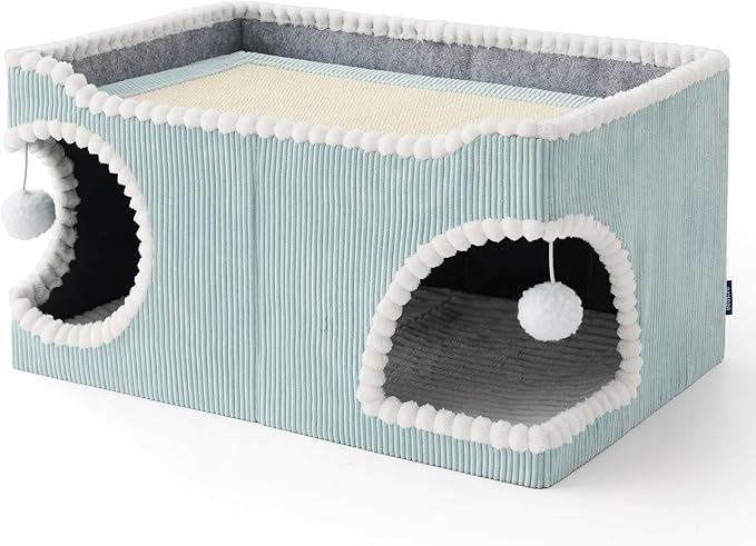 Bedsure Cute Cat House for Indoor Cats - Extra Wide Cat Scratch House with Large Top Sisal Scratch Pad for Multiple Cats, Foldable Kitty Cave Hideaway for Entertainment, 23.6x15.9x12.6inches, Blue