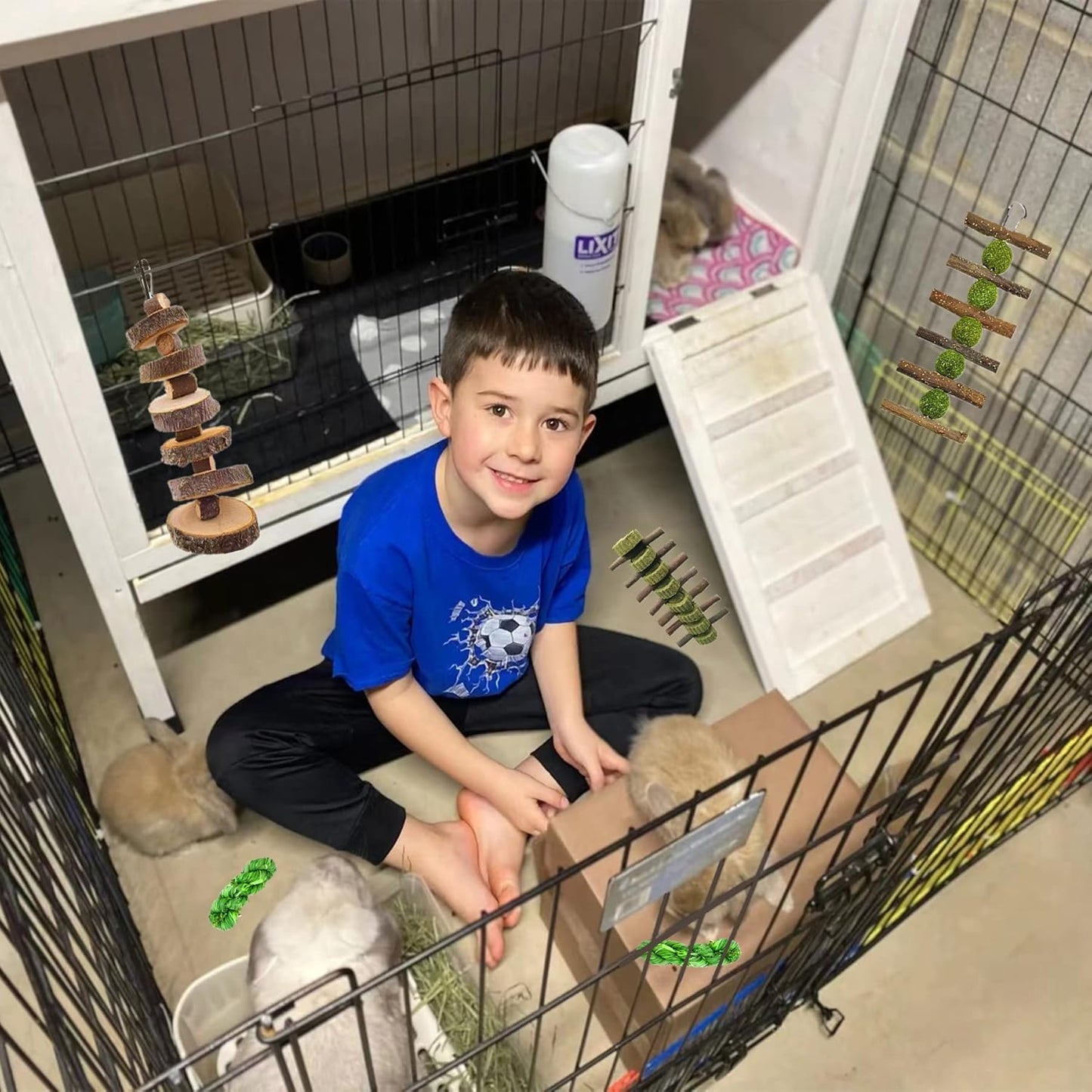 5pcs Rabbit Toys,Bunny Chew Treat for Teeth Grinding,Hanging Timothy Hay Ball +Apple Stick Wood +Alfalfa Grass Cake Food Snack for Cage Guinea Pig Chinchilla Hamster Squirrel Gerbil Rat Parrot