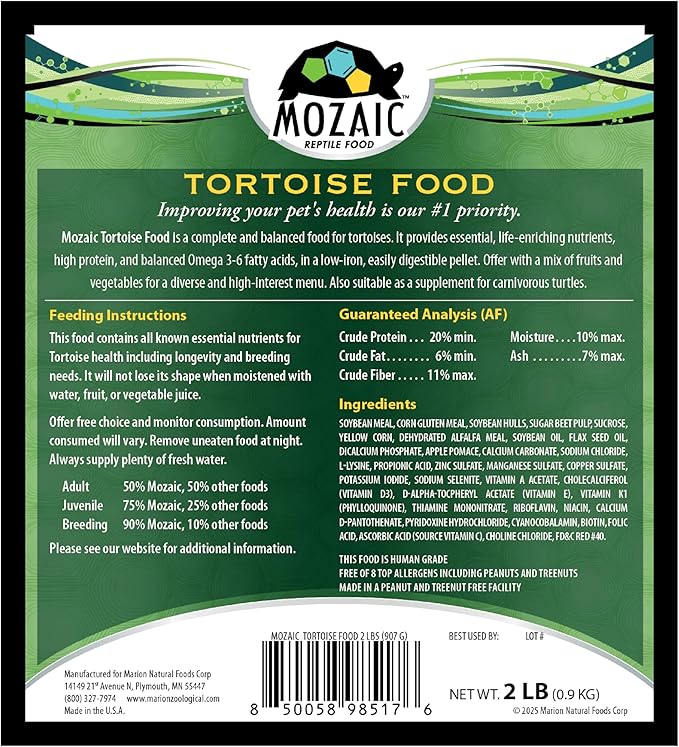 Mozaic Tortoise Food & Turtle Pellets Supplement - Complete Formulated Diet for Sulcata & Desert & Other Pet Tortoises, Essential Amino Acids & Nutrients, Economical Dry Pellet, 2 LB Bag