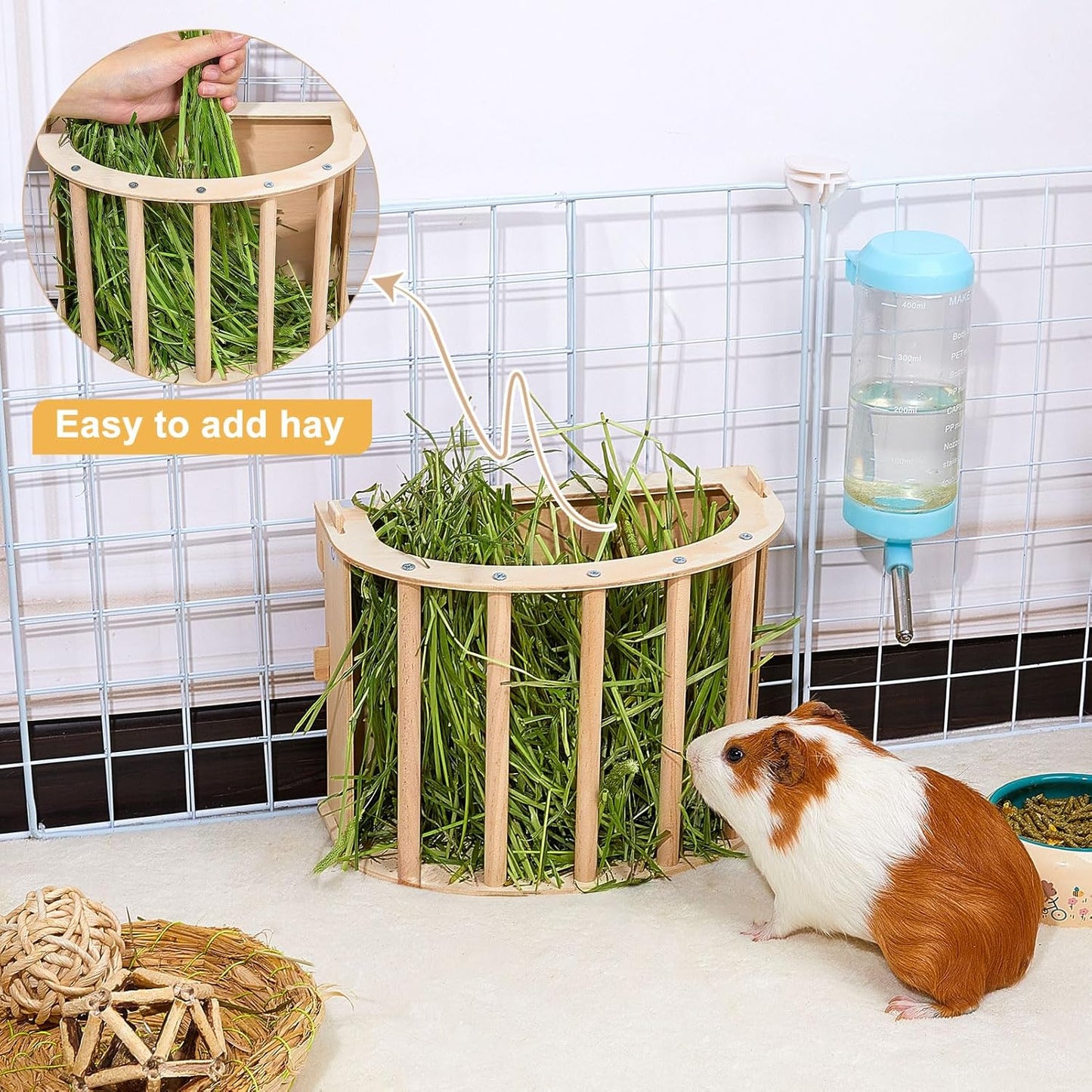 2PCS Guinea Pig Hay Feeder - Wooden Rabbit & Bunny Hay Holder Hanging Rack with Instructions - Suitable for Chinchilla, Ferret & Rabbit Cages