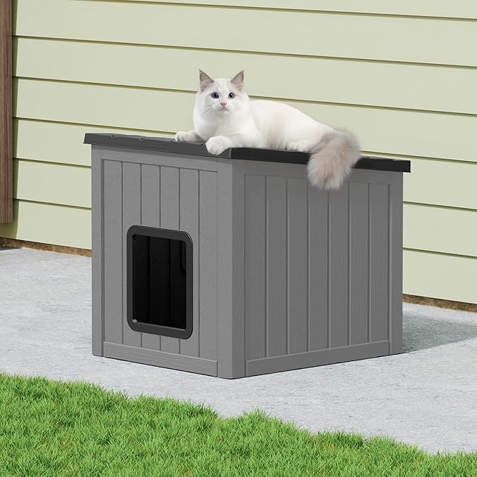 KAMABOKO Outdoor Cat House, Weatherproof Plastic Cat Shelter for Indoor & Outdoor, Durable All-Season Pet House for Feral, Stray & Domestic Cats (Gray&Black)