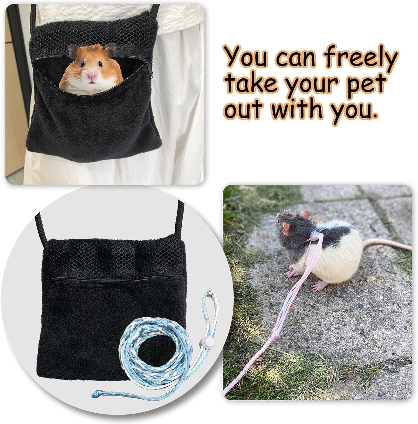 2 Pics Sugar Glider Pouch and 2 Pics Hamster Leash Small Animal Carry Pouch with Adjustable – Cozy & Portable Habitat for Small Pets (Hamsters, Rat, Marmosets, Squirrels)