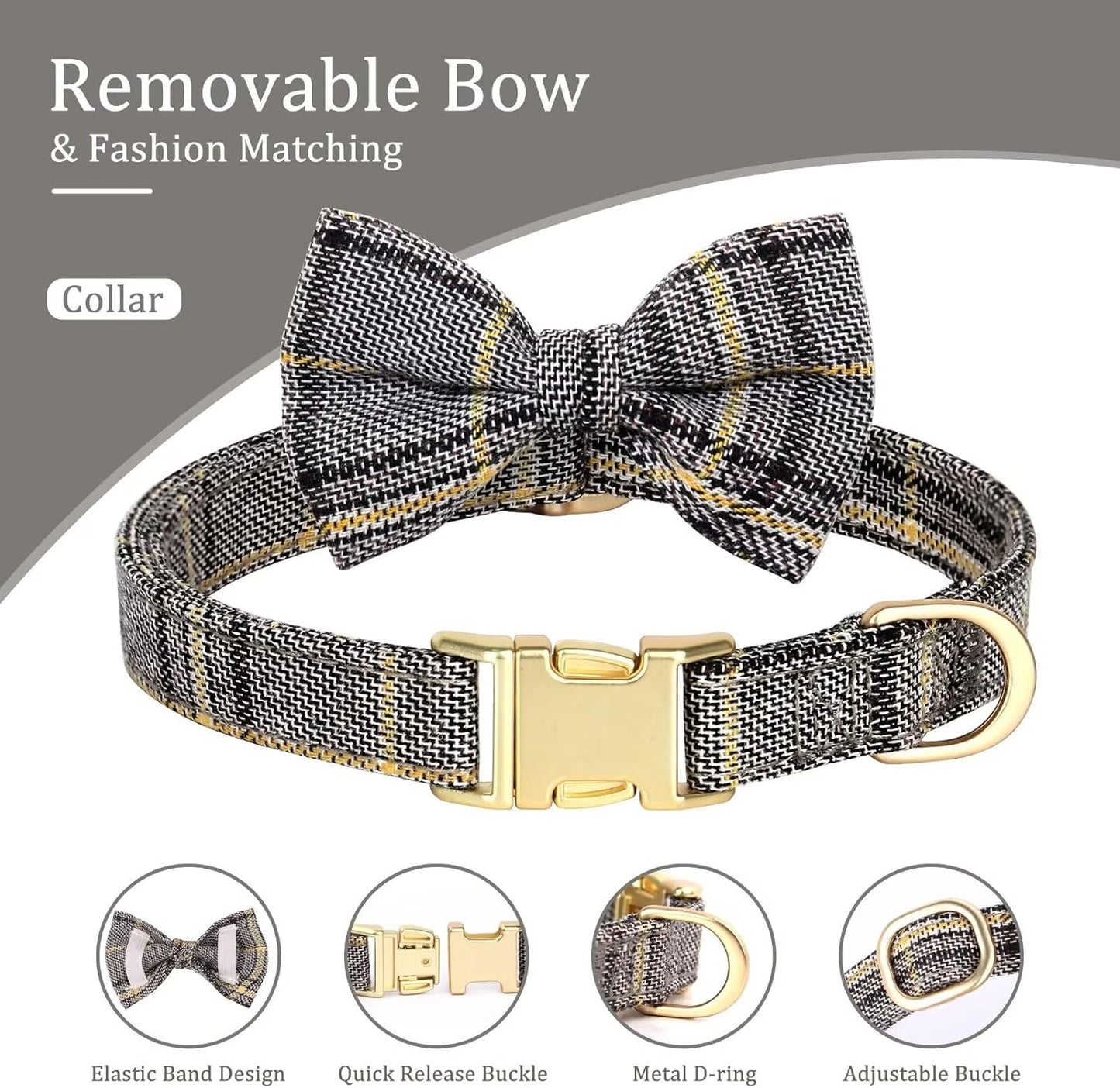 Beirui Cute Extra Small Dog Harness Collar and Leash Set with Bowtie, Soft Adjustable Plaid Puppy Harness for Small Sized Dogs Cats Walks Parties and Photoshoots(Gray,XXS:Chest 12-14")
