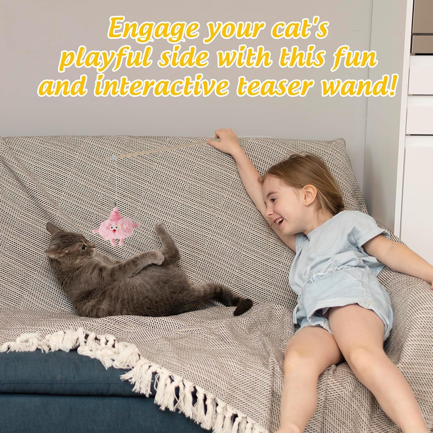 Elastic Cat Wand Toy Funny Interactive Plush Cat Fishing Pole Toy with Bell Soft Natural Wood Kitten Teaser Wand for Indoor Cats Kittens Bored Cats (3 Pack)