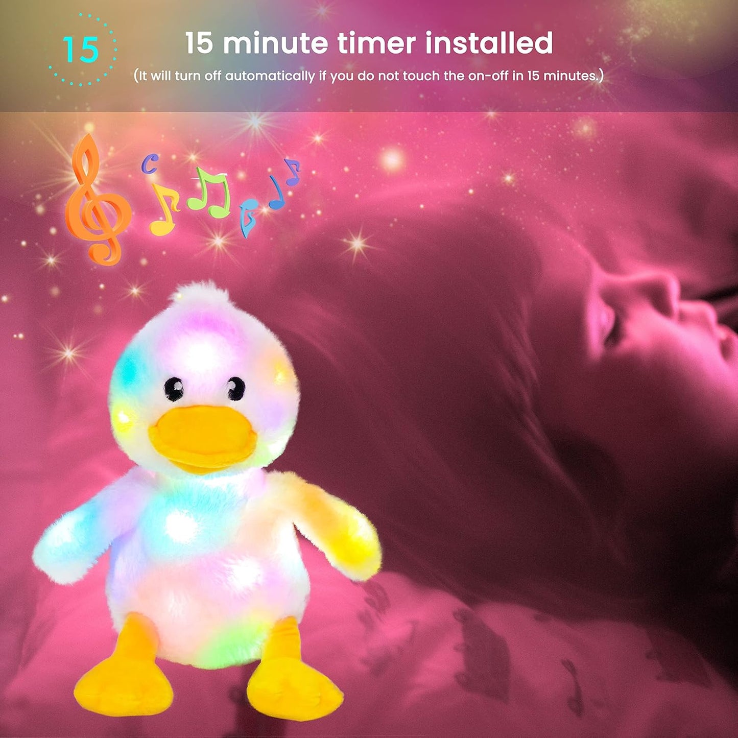 Hopearl LED Musical Stuffed Duck Light up Singing Duckling Plush Toy Adjustable Volume Lullaby Animated Soothe Birthday Gifts for Kids Toddler Girls, White, 11''