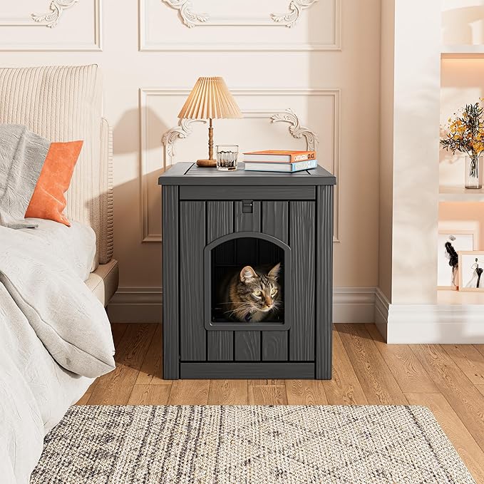 Outdoor Cat House Weatherproof, Feral Clawsable Cat Houses for Outdoor Indoor Cats Shelter, Insulated for Winter Outside, Durable Resin Material for Garden, Patio, Easy to Assemble, Black