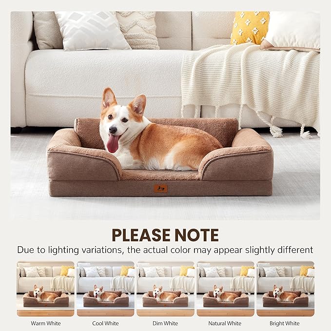 Orthopedic Dog Beds for Medium Size Dogs, Waterproof Egg-Crate Foam Pet Couch Bed with Soft Sides, Non-Slip Dog Sofa with Fleece Removable Washable Cover, 28" L Supportive Pet Sofa, Brown