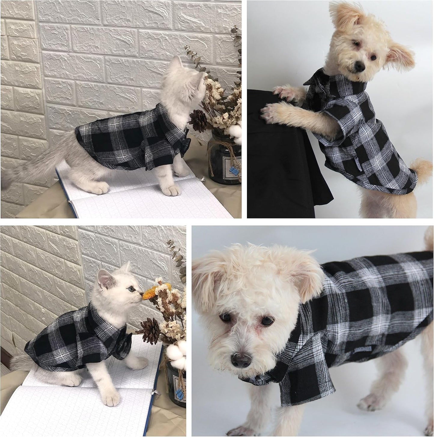 Plaid Dog Shirt,Soft Casual Pet Shirt Clothes, Dog Cotton Shirt with Bow Tie for Wedding,Christmas Costumes (White&Black, 3X-Large)