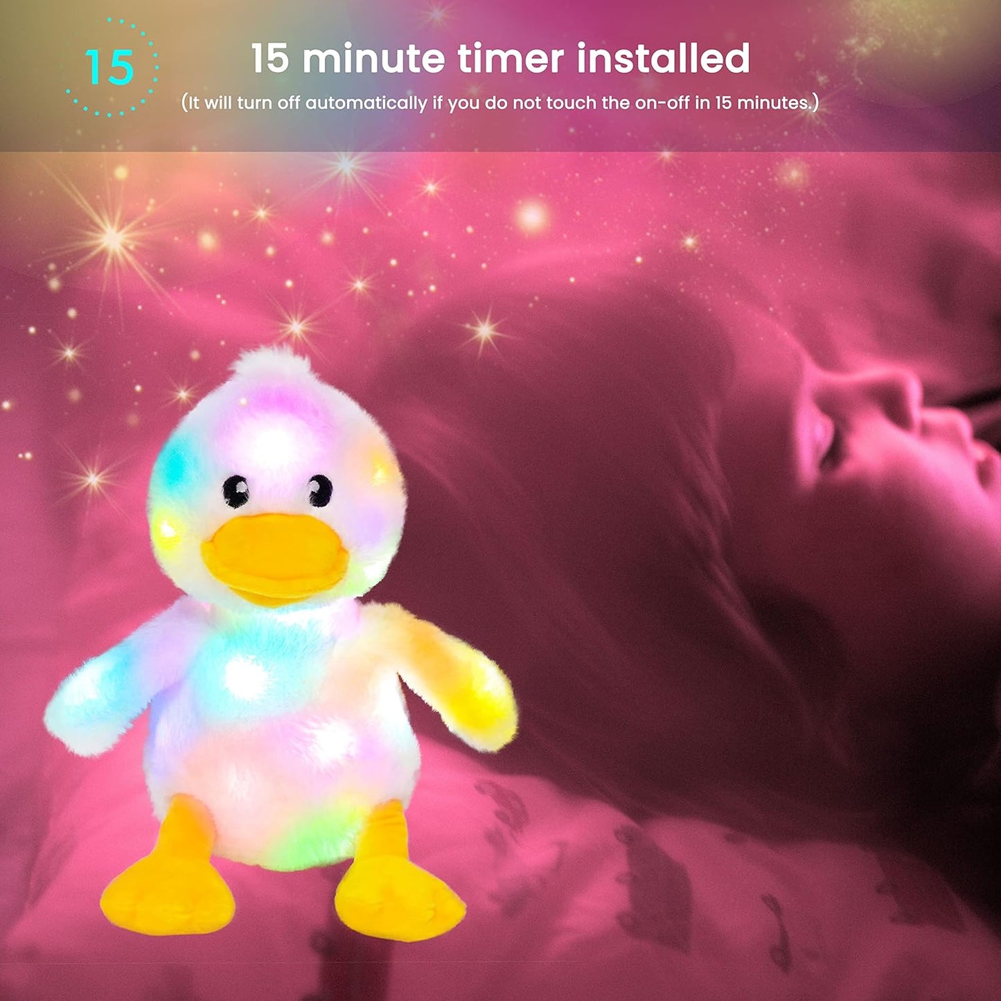 Hopearl LED Plush Duck Lighting Up Stuffed Duckling Farm Animal Floppy Night Lights Glow in The Dark Birthday Gifts for Kids Toddler Girls, White, 12''