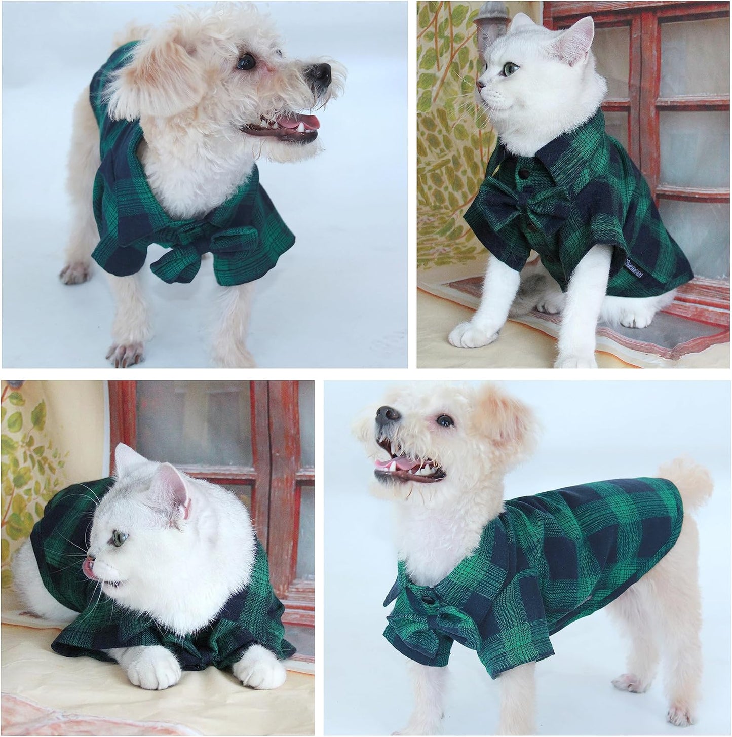 Plaid Dog Shirt,Soft Casual Pet Shirt Clothes, Dog Cotton Shirt with Bow Tie for Wedding,Christmas Costumes Costumes (Large, Green&Blue)