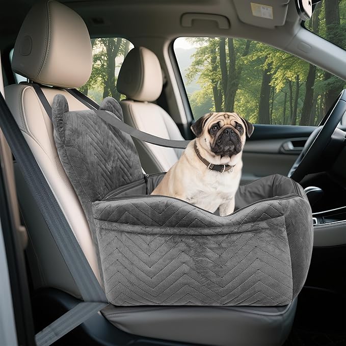 Dog Car Seat for Small Medium Dog up to 30 lbs with Waterproof PU Cover Pet Car Booster Seat with Memory Foam for Travel, Grey, 2 Safety Belt