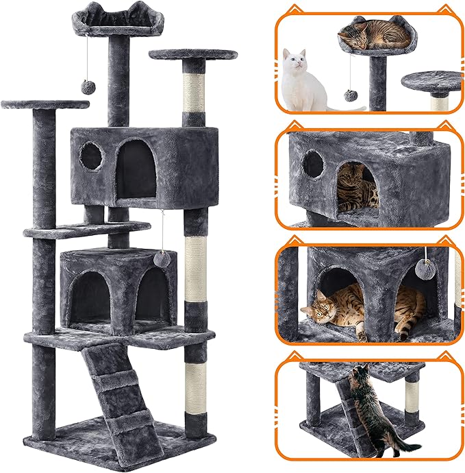 Yaheetech Cat Tree Tower, Multi-Level Large Plush Condo Cat Furniture with Sisal Scratching Posts and 2 Danglinge Balls Gray