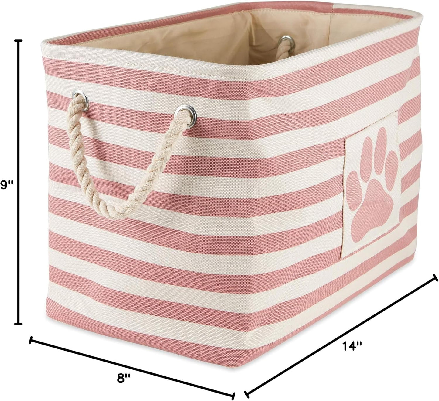 Bone Dry Pet Storage Collection Striped Paw Patch Bin, Rose, Small Rectangle