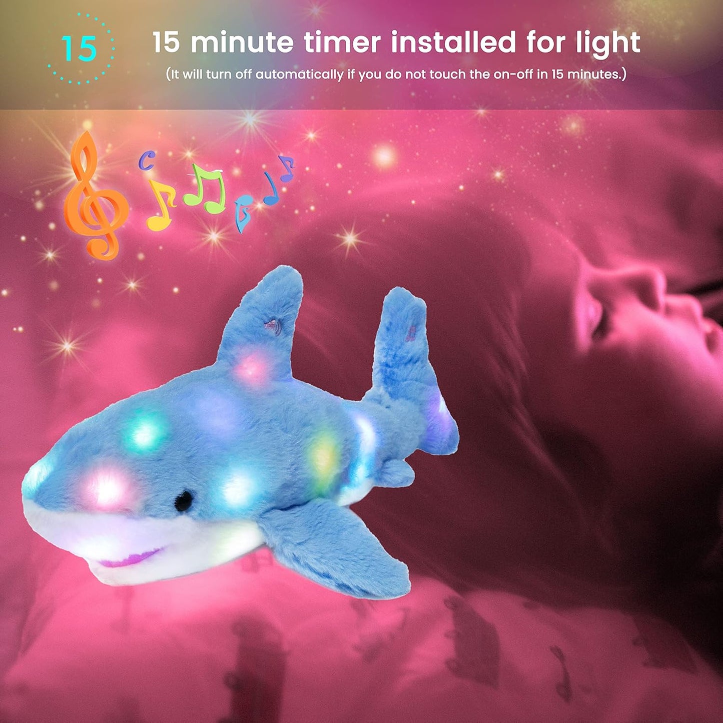 Hopearl LED Musical Stuffed Shark Lighting Up Singing Plush Toy Adjustable Volume Lullaby Animated Soothe Birthday Festival for Kids Toddler Girls, Blue, 16''