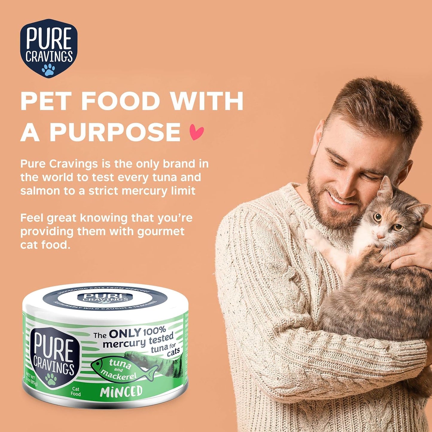 Pure Cravings Minced Tuna and Mackerel Wet Canned Cat Food, 100% Mercury-Tested Tuna, Moist Can Fish for Cats, Grain-Free, Protein, Non-GMO, 3oz, Pack of 12