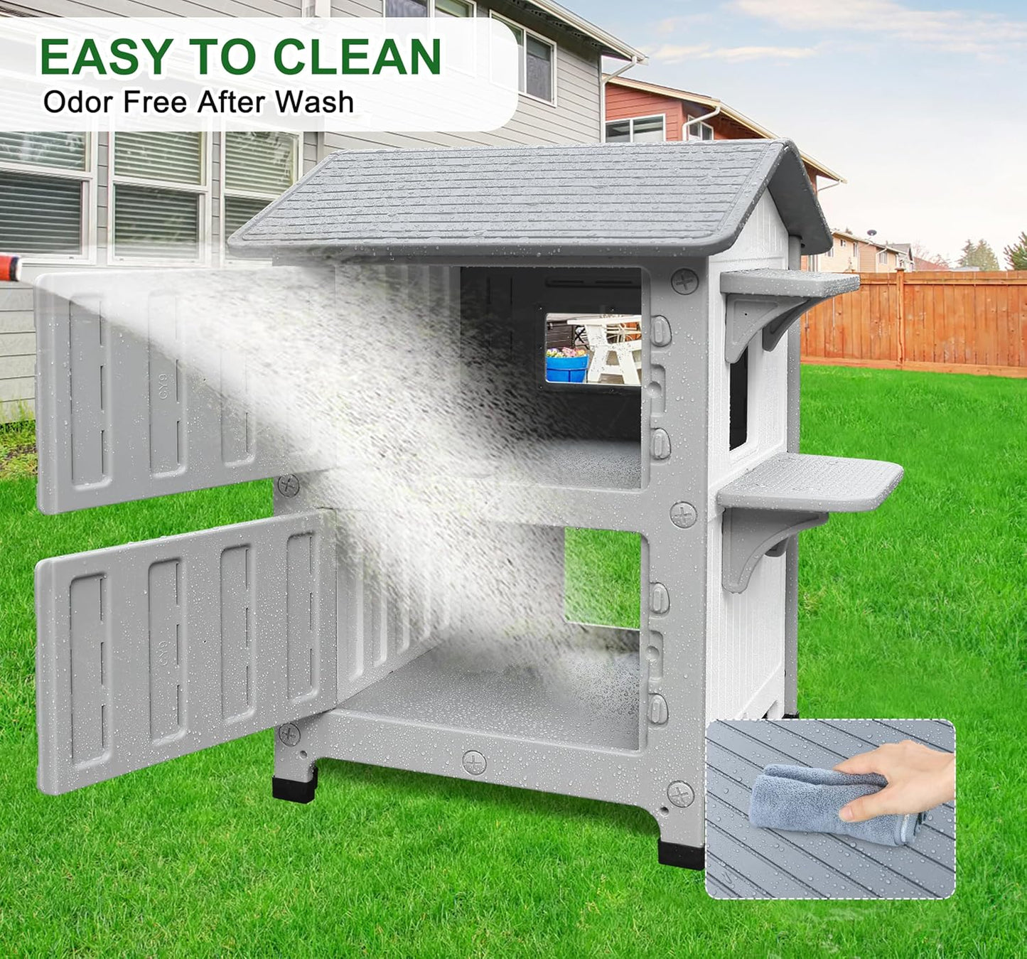 Rockever Plastic Insulated Outdoor Cat House with Escape Door, 2 Story Waterproof Cat House for Outdoor Cats for Feral Cats, Elevated Outside Cat Shelter, Clean and Assemble Easily