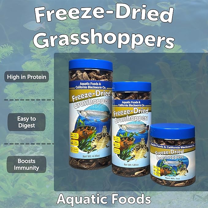 Aquatic Foods Inc. Grasshoppers, Freeze Dried Grasshoppers for Large Tropical Fish, Monster Fish, Reptiles, Turtles, Tortoises, Frogs, Hamsters, Birds, Rodents 2.3oz Canister