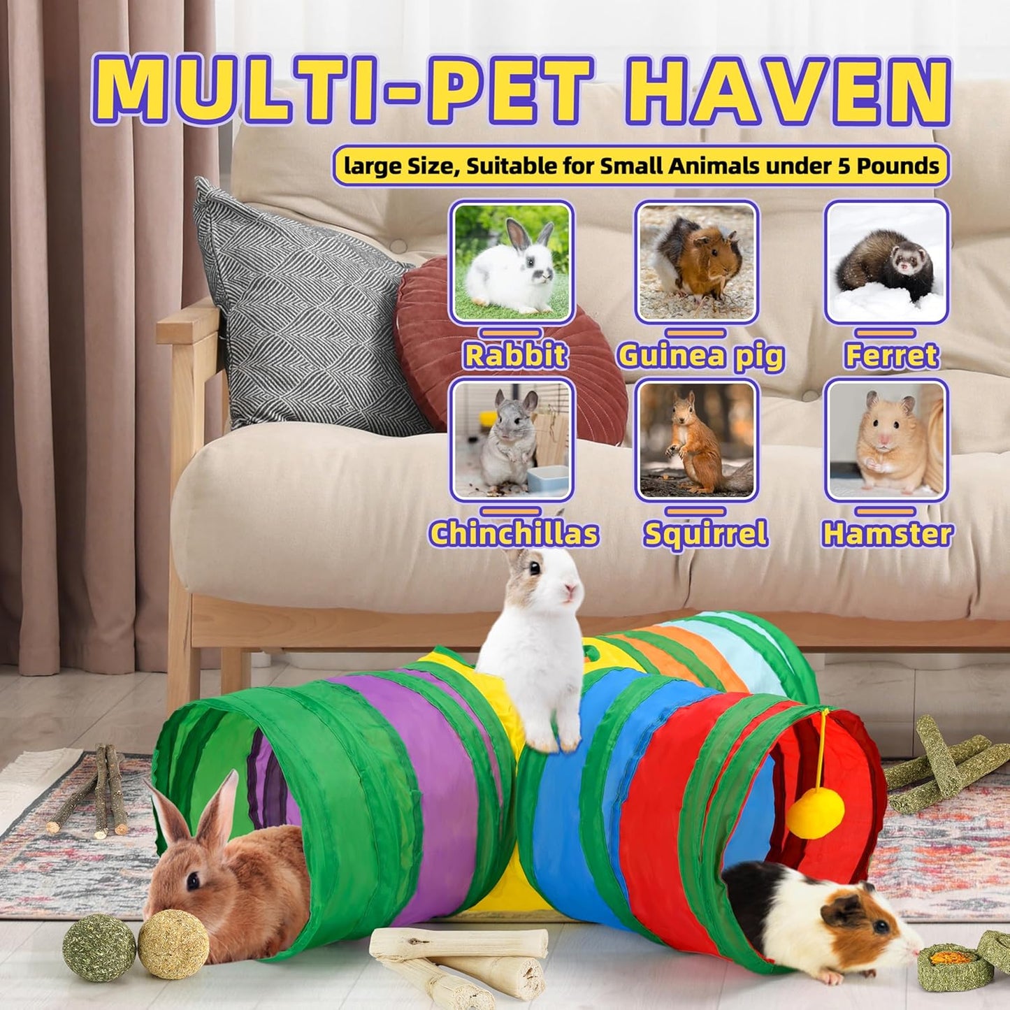 Bunny Tunnels & Tubes Collapsible 3 Way Rabbit Hideout with 13pcs Toys for Bunny Guinea Pig Hamster Chinchilla Hedgehog Rat Ferret Kitten (Colorful)