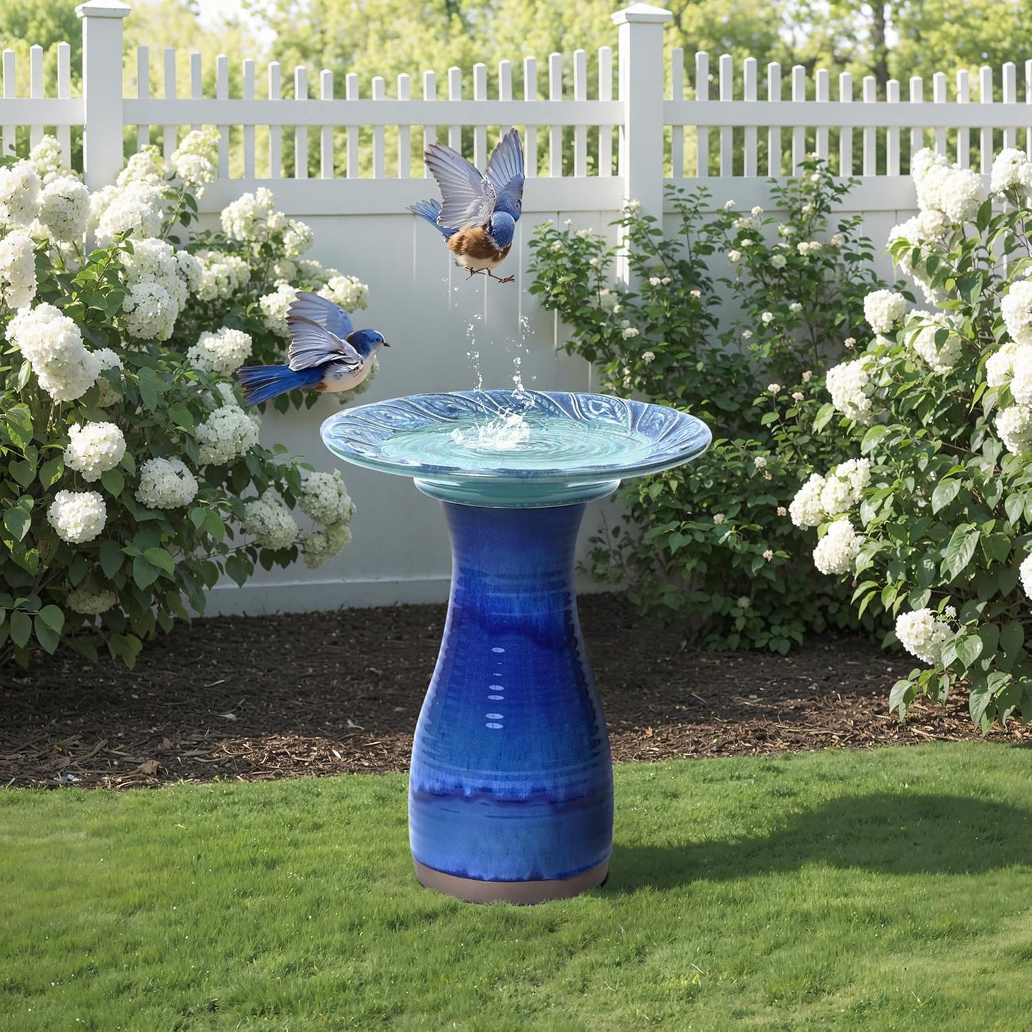 LuxenHome 20 Inch Ceramic Bird Bath for Outside, Elegant Tall Outdoor Bird Bath, Lightweight Pedestal Glazed Birdbaths for Outdoors with Leaf Pattern, Deep Cobalt Blue