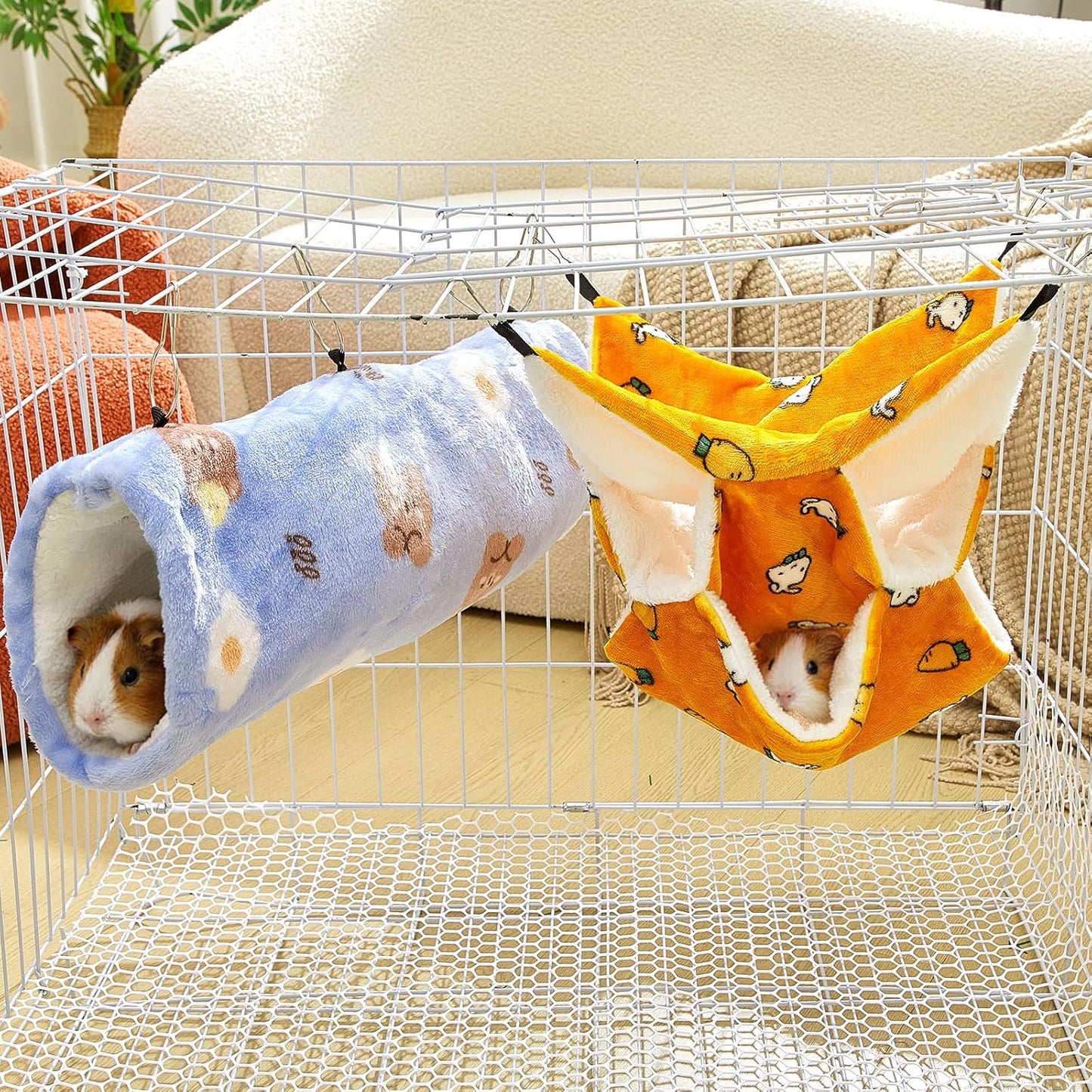 Sweetude 6 Pcs Rat Hammock Set Ferret Hanging Tunnel 3 Tier Guinea Pig Hammocks Hideout Soft Chinchilla Bed for Cage Accessories Hide,Play and Sleep (Sun,Bear)