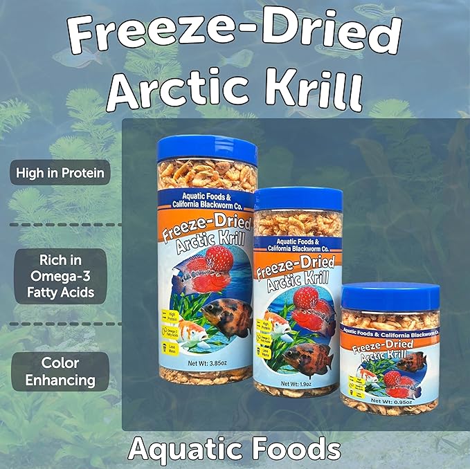 Aquatic Foods Inc. Arctic Krill, Freeze Dried Krill, High in Natural Color Enhancing for Large Cichlids, Tropical Fish, Koi, Turtles, 12-Type Pellet Mix & 4-Type Wafer Mix Included 0.95oz Canister