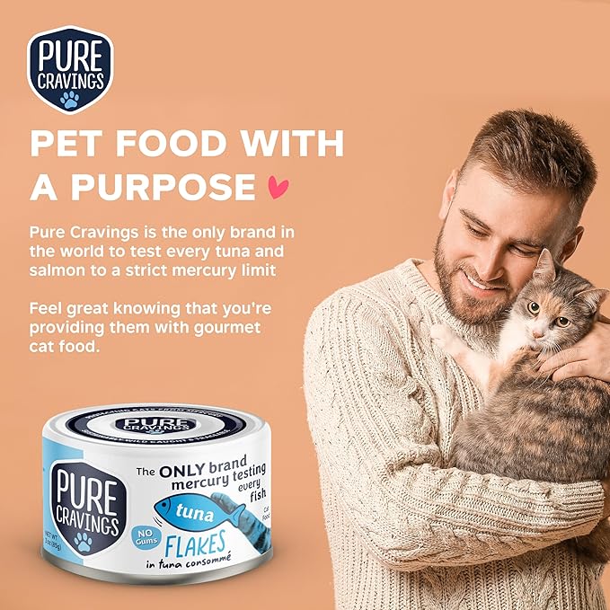 Pure Cravings Tuna Flakes in Tuna Consommé, Canned Wet Cat Food Soup, 100% Mercury-Tested, Moist Can Fish, Grain-Free Protein, Non-GMO, 3oz, Pack of 12