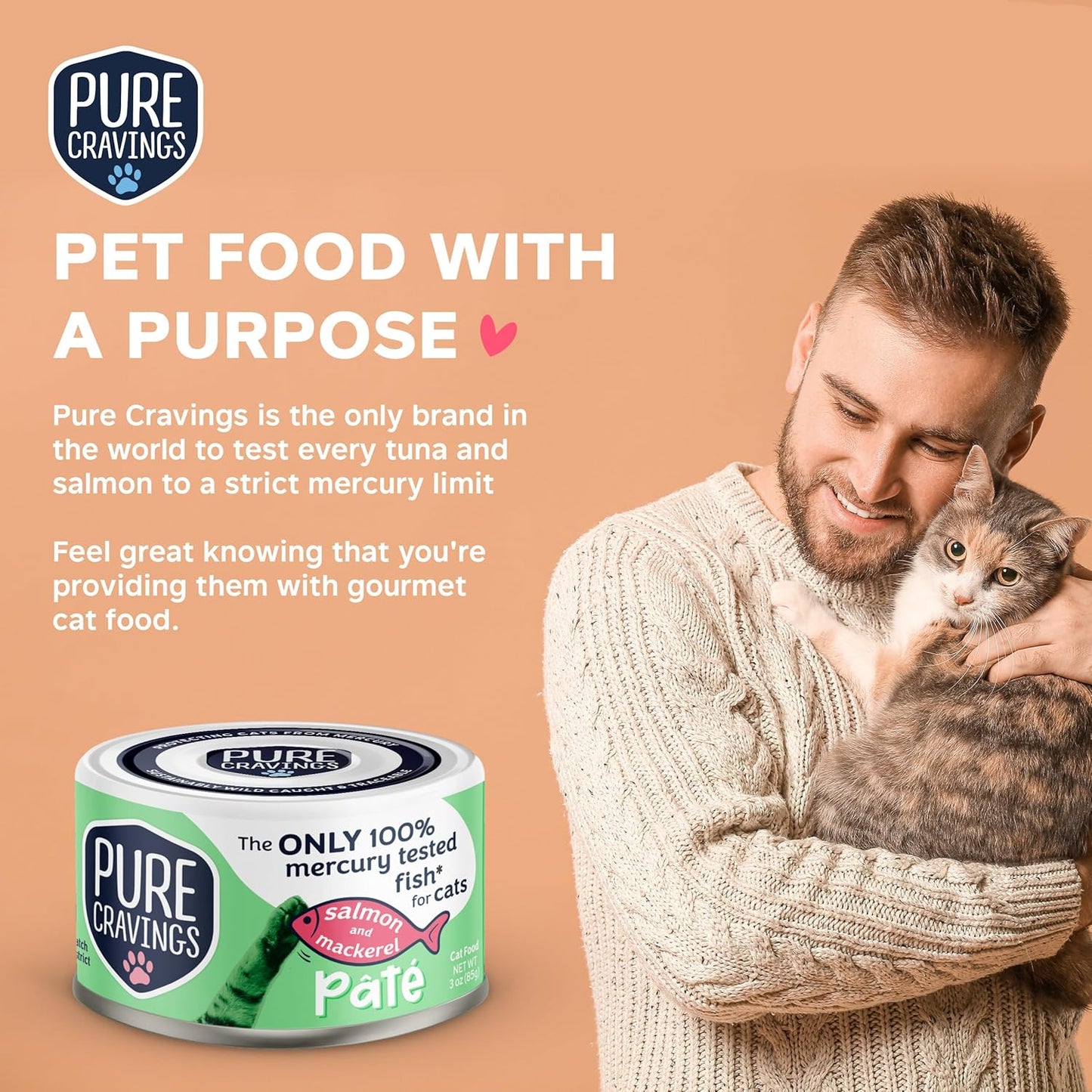 Pure Cravings Salmon and Mackerel Pate, Canned Wet Cat Food, 100% Mercury-Tested, Moist Can Fish, Grain-Free Protein, Non-GMO, 12 Pack