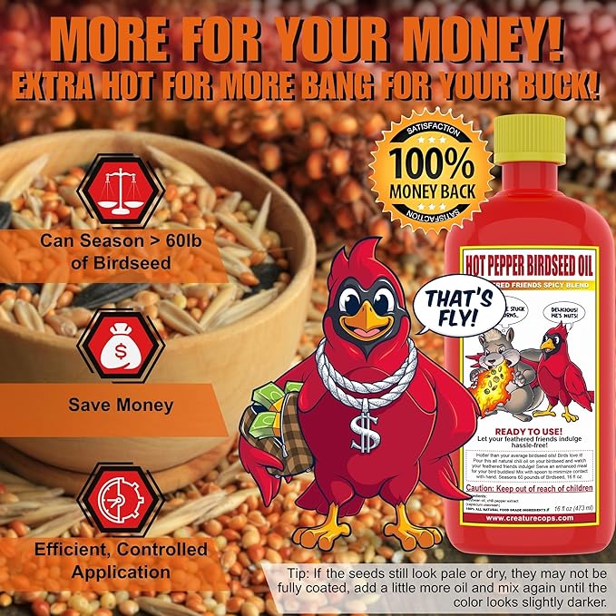 CreatureCops™ Spicy Squirrel Seed Sauce | All-Natural & Squirrel-Resistant Hot Pepper Bird Seed Oil | Flaming Hot Sauce - Seasons >60lb per 16oz Bottle