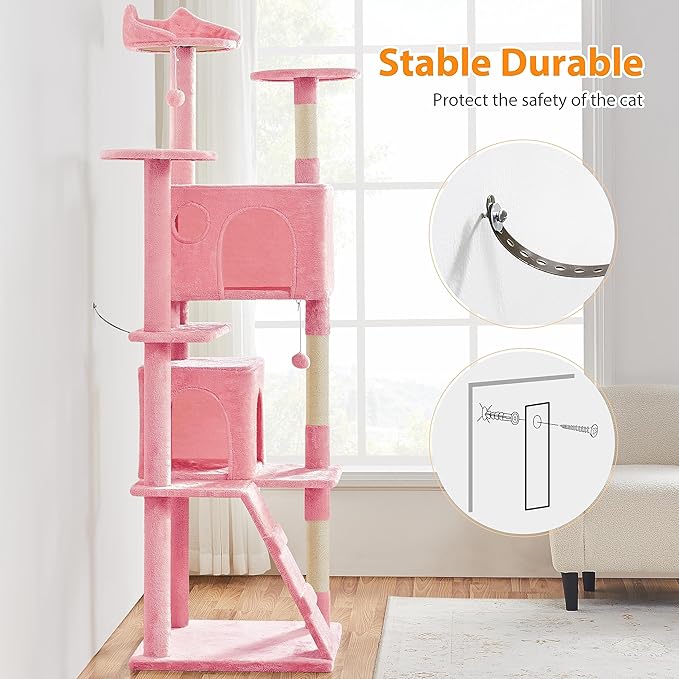 Yaheetech XL Cat Tree, 80in Multi-Level Cat Tower w/Scratching Posts, Double Condo, Perched Platforms and Dangling Balls, Pet Activity Center for Kittens Pets, Pink