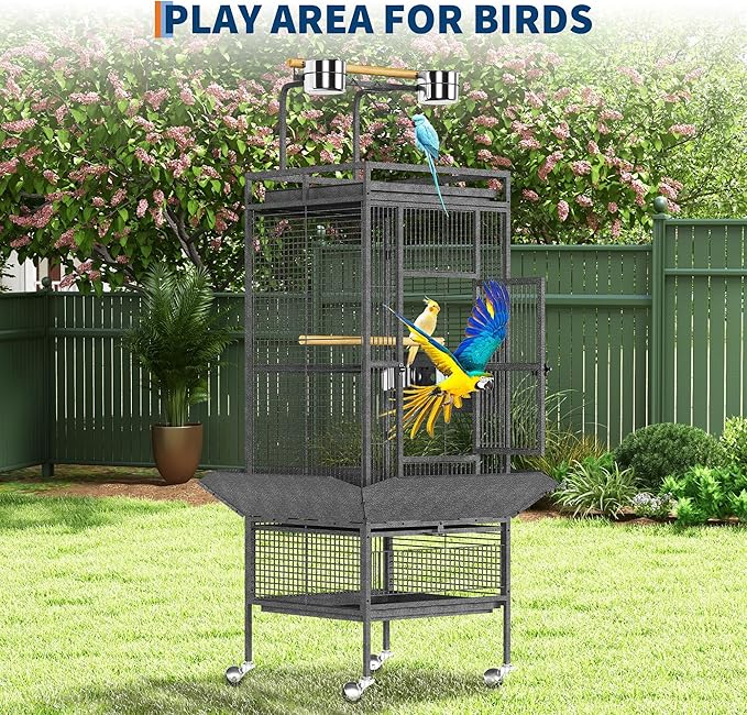 61-Inch Large Parrot Bird Cages with Rooftop Playground, Rolling Caster Wheels, Wrought Iron Birdcage for Small Medium Parrots, Macaws, Cockatoos – Indoor/Outdoor Use for Homes, Aviaries