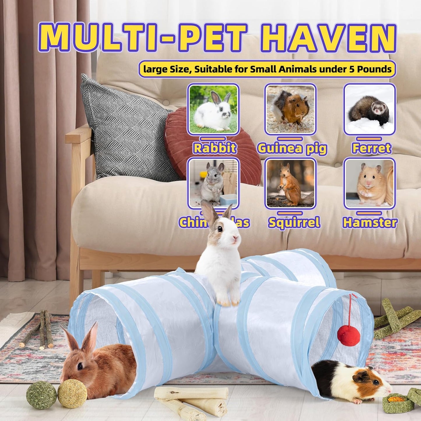 Bunny Tunnels & Tubes Collapsible 3 Way Rabbit Hideout with 13pcs Toys for Bunny Guinea Pig Hamster Chinchilla Hedgehog Rat Ferret Kitten (GY&BU)